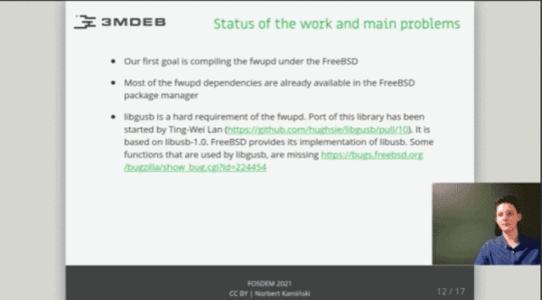 FOSDEM: Ein Port für BSD von fwupd für Firmware-Updates
   
    FOSDEM: Ein Port für BSD von fwupd für Firmware-Updates